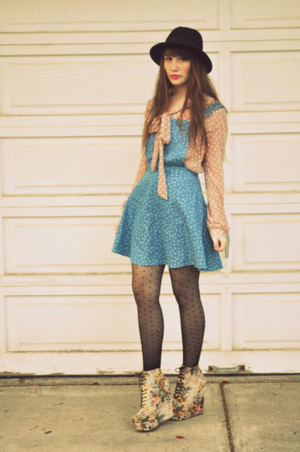 Blue floral dress with polka dot blouse and floral wedge booties over polka dot tights