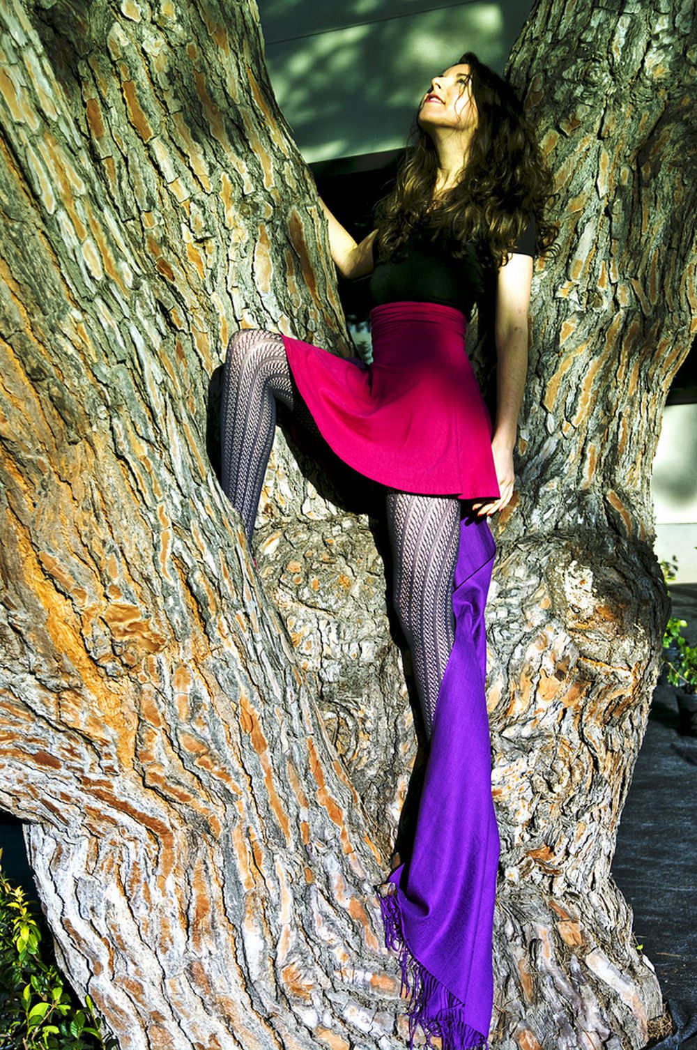 Chevron pattern lace tights with pink skirt and purple scarf