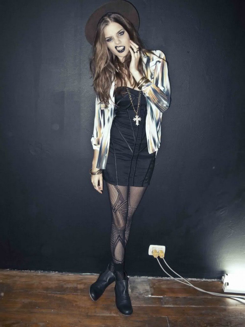 Intricate geometric pattern lace tights with black dress