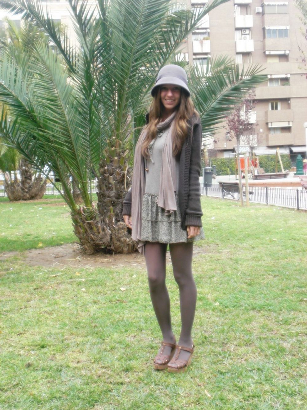 Grey tights with knit dress, scarf, hat and cardigan