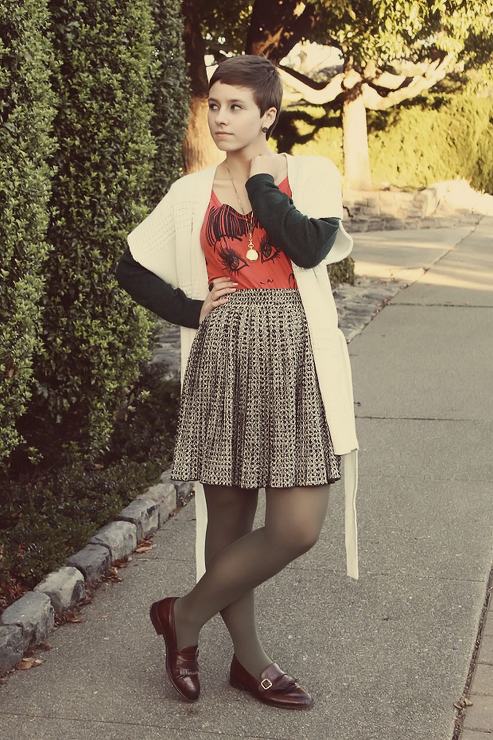 Grey tights with tweed skirt and leather loafers