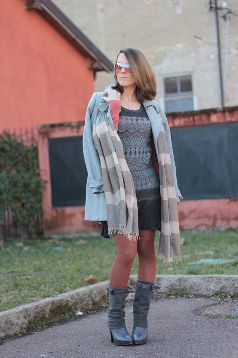 Ochre opaque tights, grey patterned dress, scarf and coat worn by Margaret