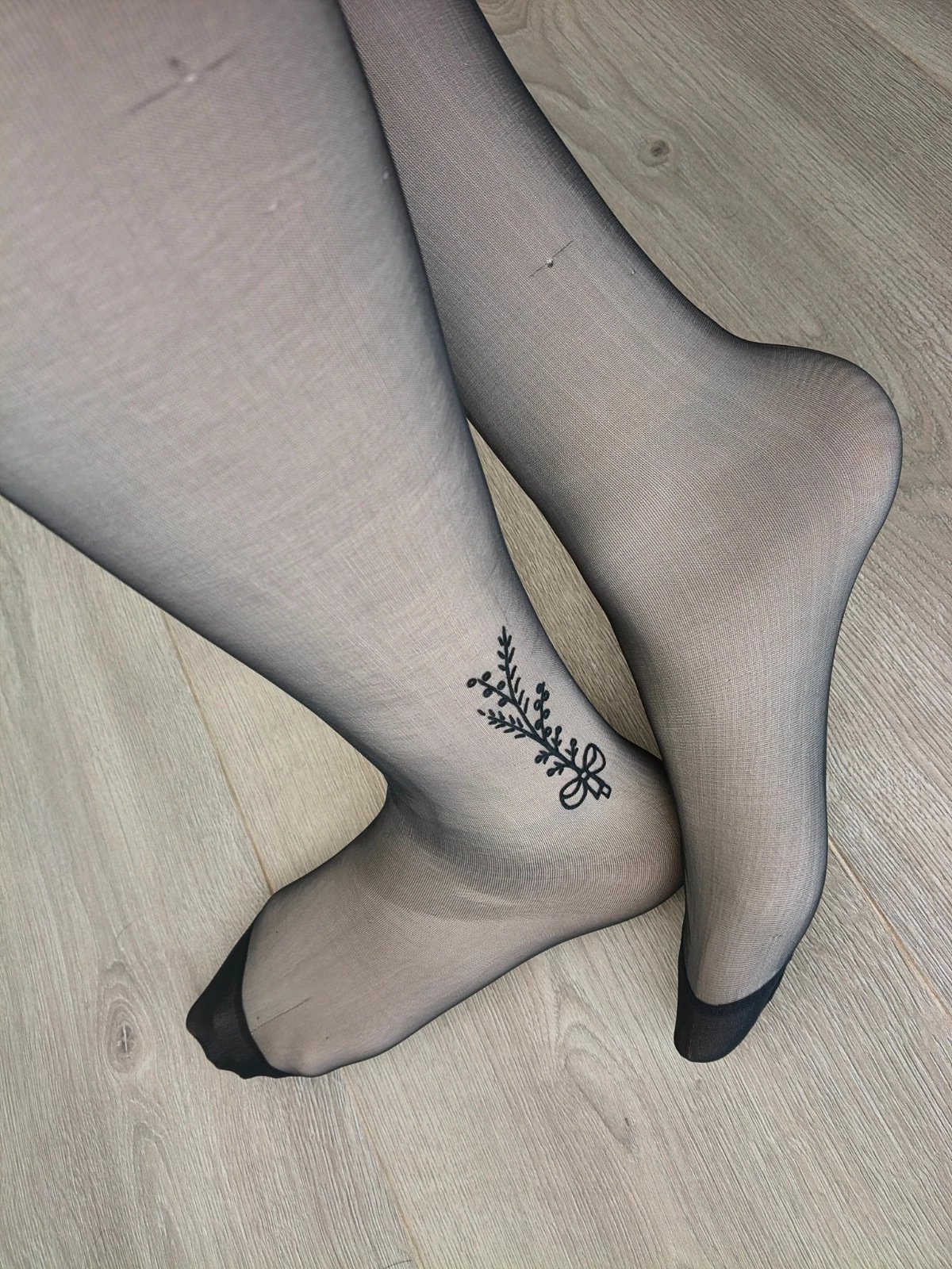 Black Sheer Tights With Floral Ankle Motif