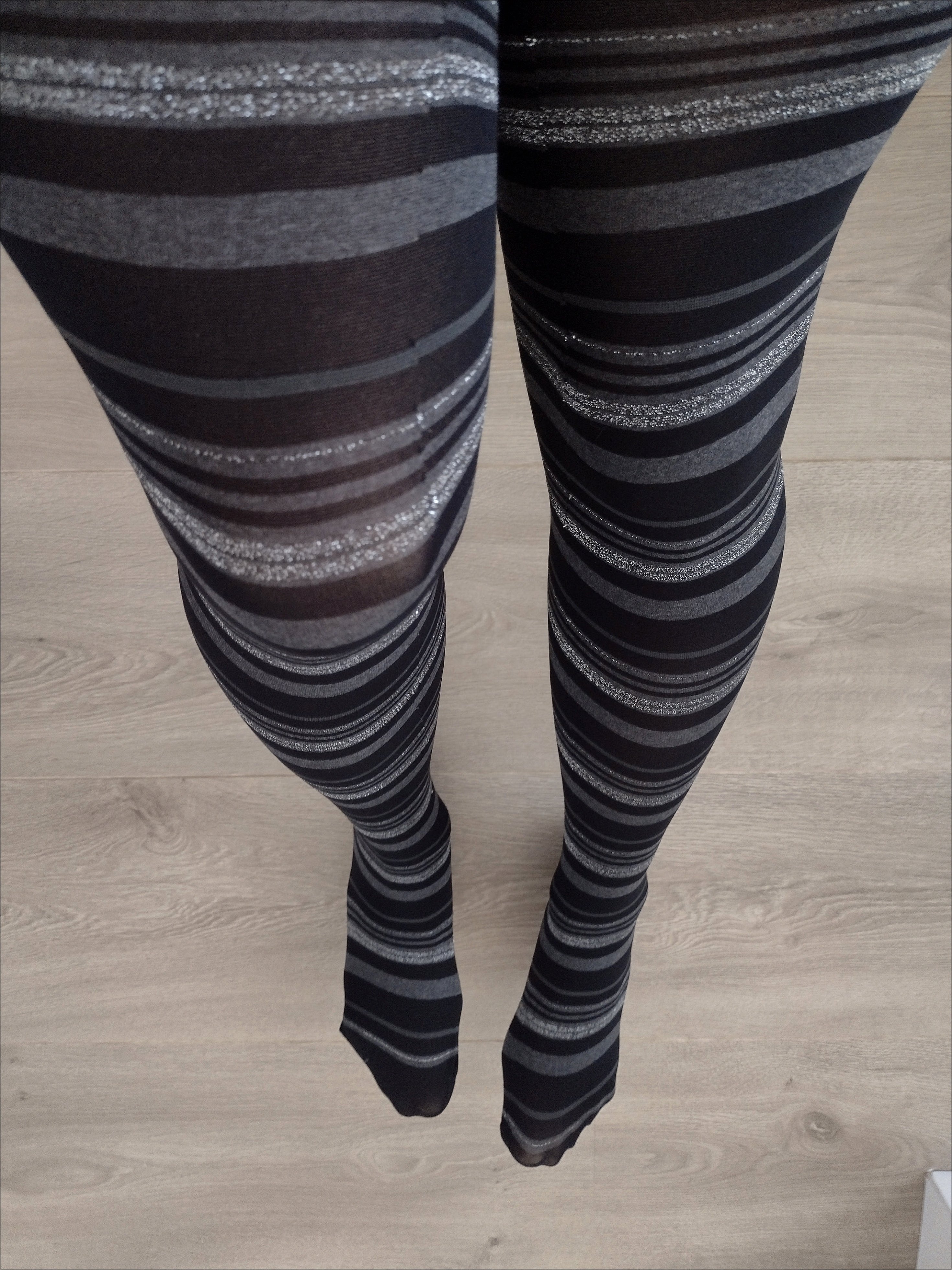 Sheer Black Pantyhose with Silver Sparkle Stripes