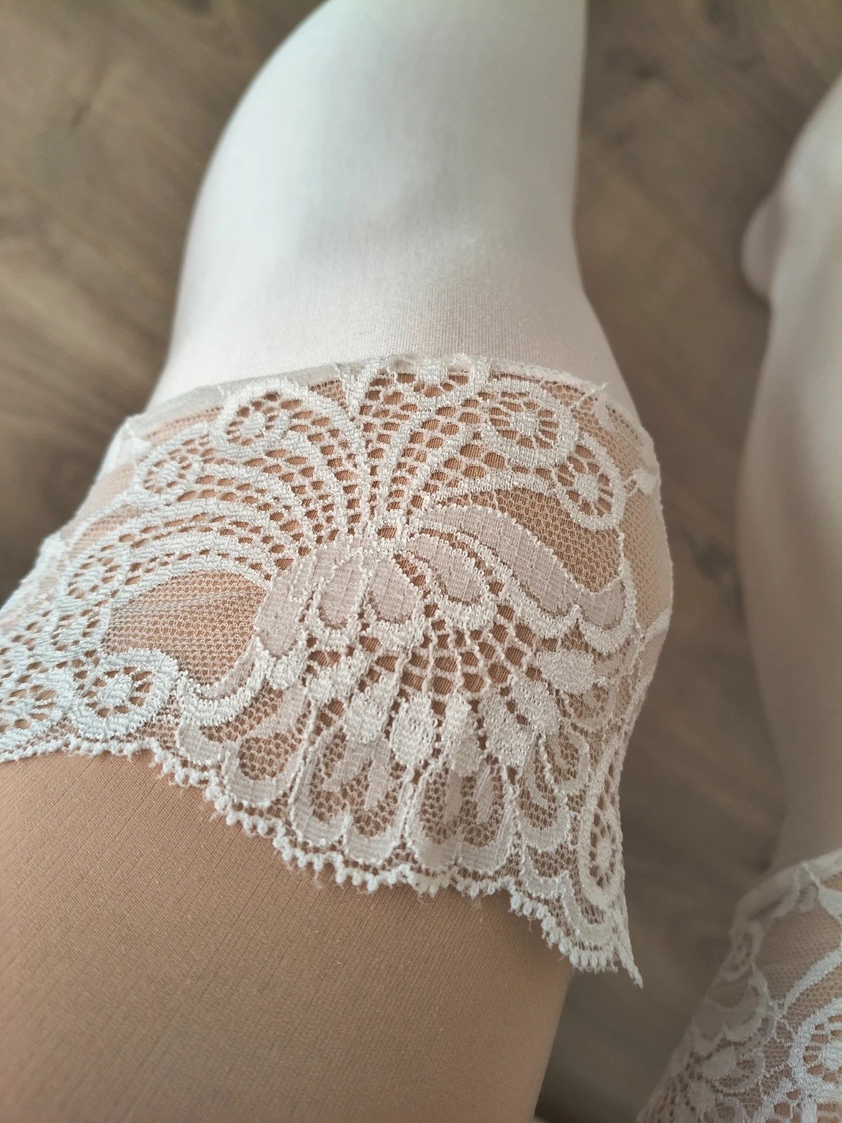 White Glossy Lace-Top Stockings photo 6
