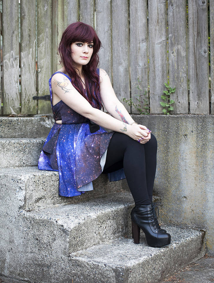 Black opaque leggings and galaxy print dress by Molly McIsaac