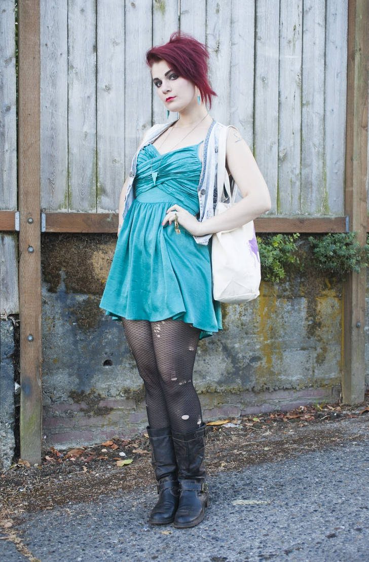 Black ripped tights and aqua blue dress by Molly McIsaac