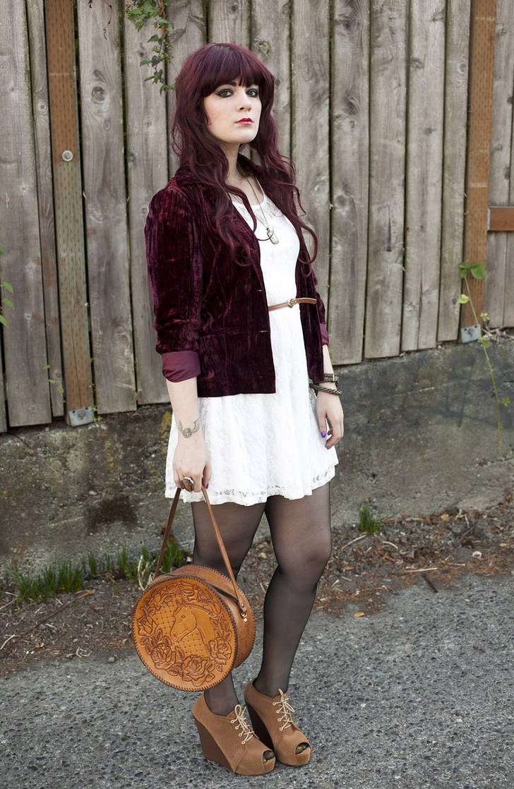 Black sheer pantyhose with white dress and burgundy jacket by Molly McIsaac