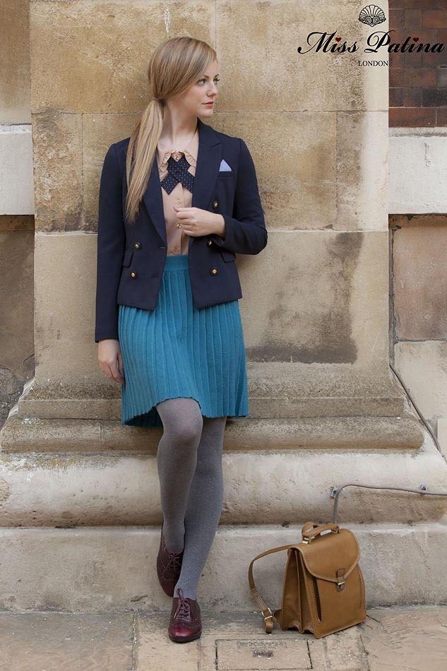 Grey wool opaque tights with pleated blue skirt by Miss Patina