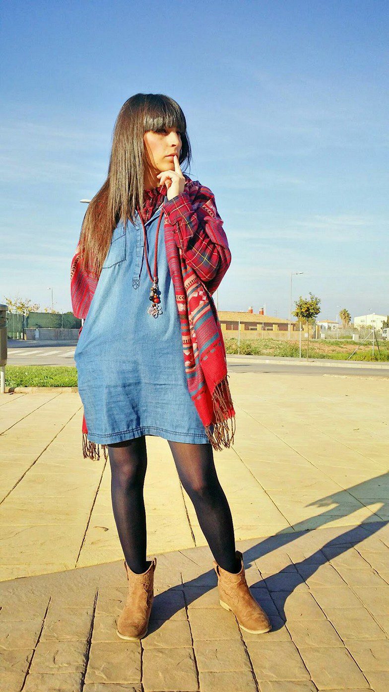 Black tights, denim dress, red patterned scarf and brown boots worn by Veronica