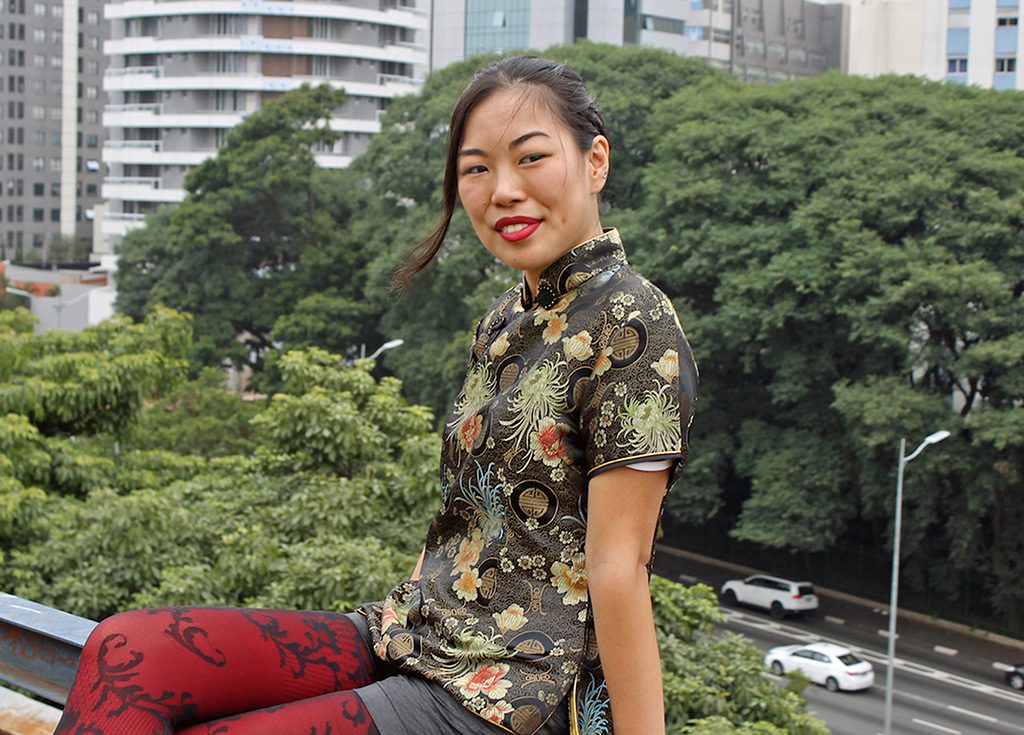 Red Pantyhose and Chinese Dress being worn by Isis Tomie