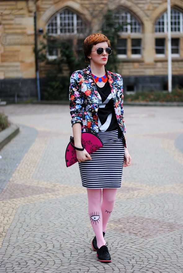 Pink tights with teary eye print, b&w striped skirt and floral print jacket worn by Monika Krawczyk