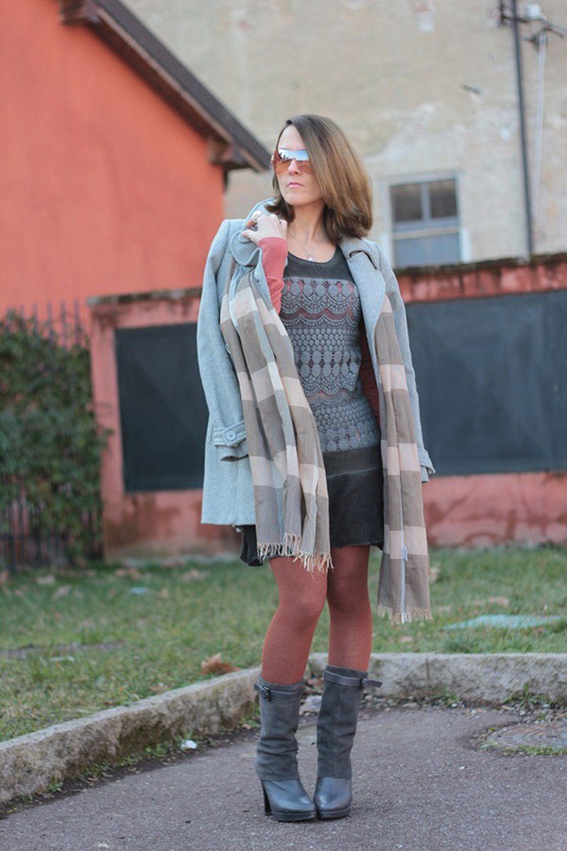 Ochre opaque tights, grey patterned dress, scarf and coat worn by Margaret