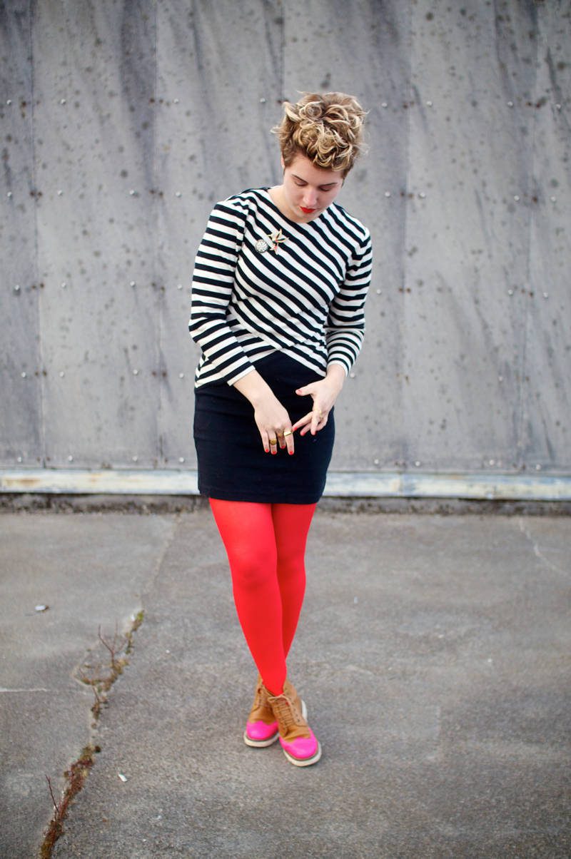 Opaque red tights, black skirt and striped b&w top worn by Iben Bergstrøm