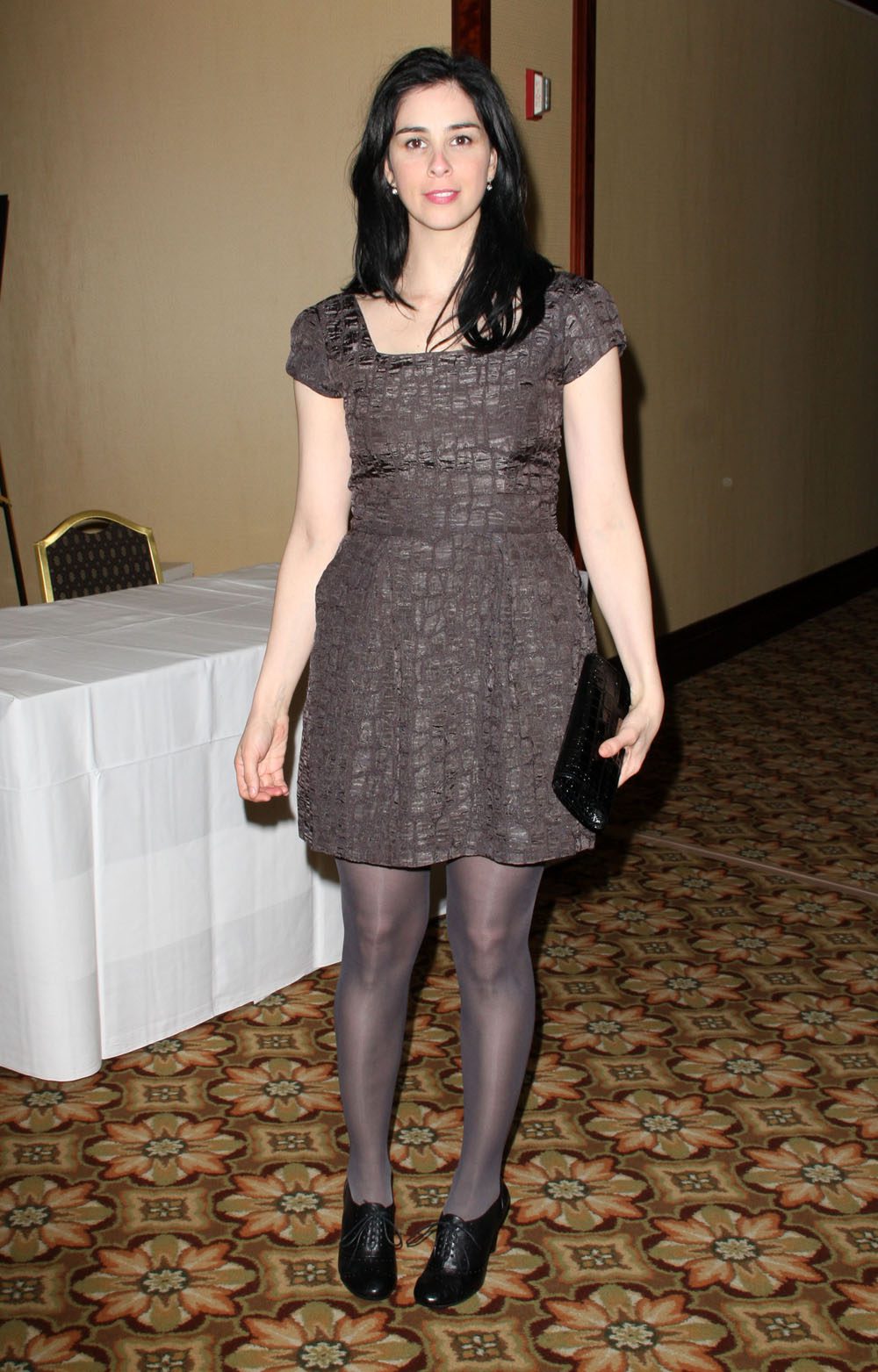 Sarah Silverman in grey pantyhose and classic dress