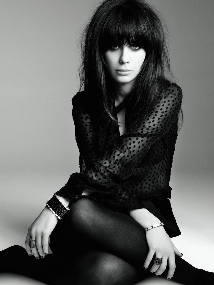 Zooey Deschanel in black sheer pantyhose and see through shirt with black opaque dot pattern for Marie Claire